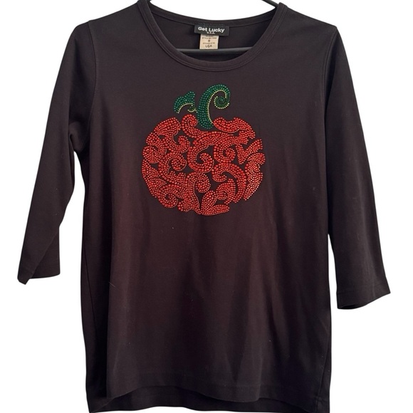 Get Lucky Y2K Black 3/4 Sleeve Embellished Pumpkin Sequin Design Top Size Small - Picture 1 of 12